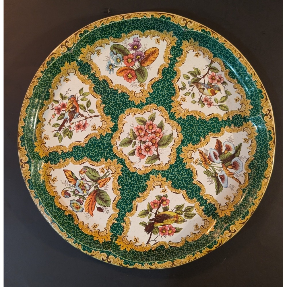 Daher Vintage Green Crackle Cottagecore Floral Bird Tin Serving Tray Gold 16"